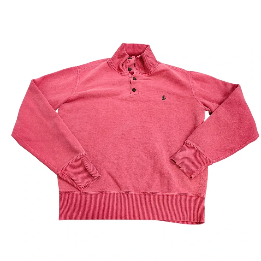 Polo Ralph Lauren Mens Medium Red Pink 1/4 Button Mock Neck Sweatshirt Pullover